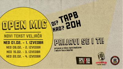 Image SplickaScena predstavlja:  STAND UP SHOW: Open miK(rofon) novi tekst VELJAČA - PRVA (1.) izvedba u TapB-a!